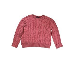 Womens Polo Ralph Lauren Cable Knit Sweater XL Pink Cotton Classic Logo Preppy